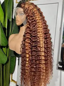 Honey Blonde Deep Wave Lace Front Wigs Human Hair 13x4 Highlight Ombre Curly Lace Front Wig Human Hair 180% Density HD Transparent Glueless Lace Frontal Wigs Pre Plucked 30 Inch