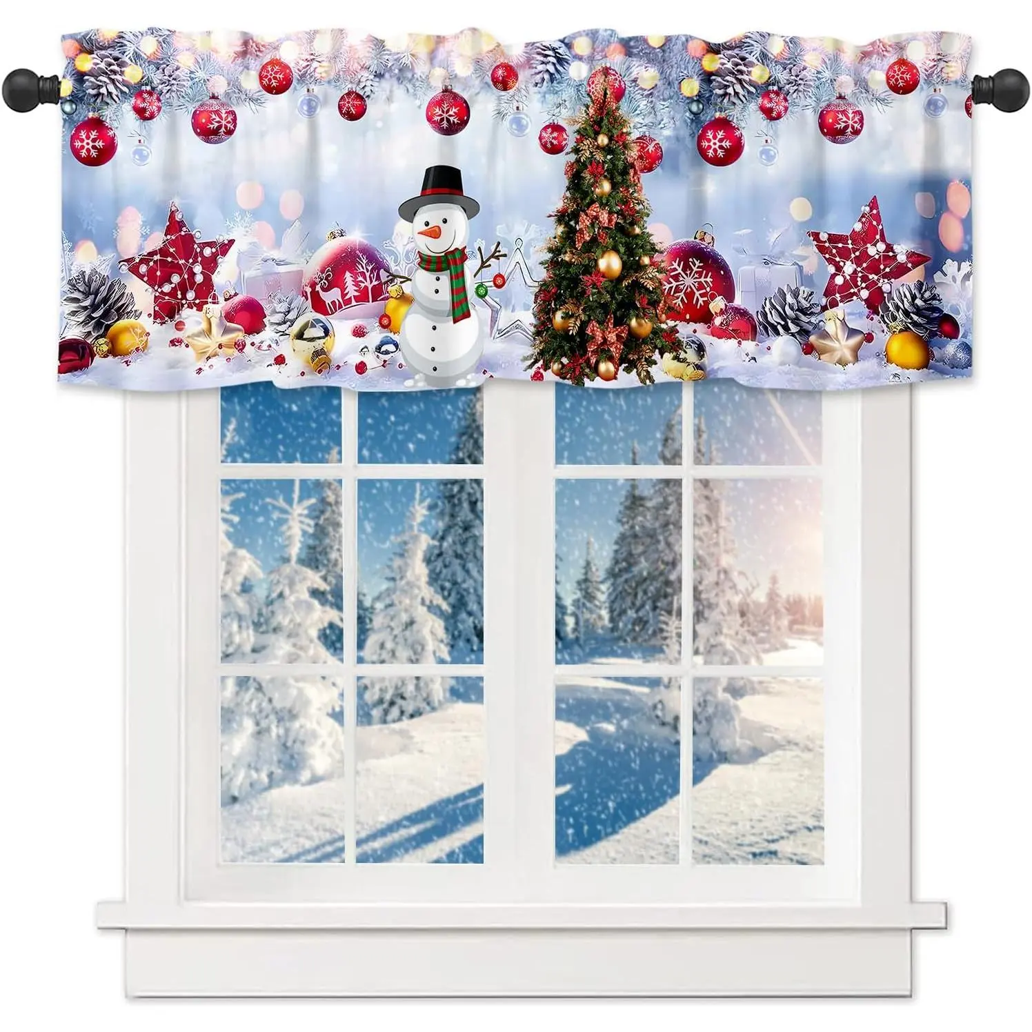 Christmas Window Valance Snowflake Snowman with Christmas Tree Kitchen Curtains 54" X 18" Red Black Buffalo Plaid Rod Pocket Design