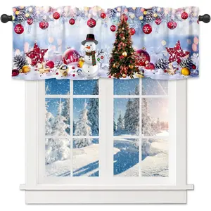 Christmas Window Valance Snowflake Snowman with Christmas Tree - Kitchen Curtains with Rod Pocket, 54" x 18" Decor, Red & Black Plaid Design