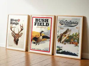 Old Time Wildlife Hunting & Fishing Print, Buck Hunting Animal Vintage Poster, Funny whimsical wall art, Cabin decor, Unique Gift for Him, Unframed