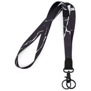 Black Marble Neck Lanyard for Men & Women - High-Quality Leather & Metal Buckle Clips - Wide Fabric Strap - 2 Key Rings - Black & White Design
