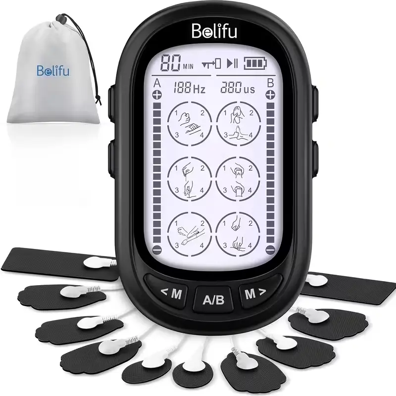 Belifu Dual Channel TENS EMS Unit - Rechargeable Portable Muscle Stimulator, 24 Modes, 36 Levels, 10 Pads, Batteries, Black, Neck Support, Beauty Products for Neck & Shoulder Discomfort Relief & Muscle Therapy