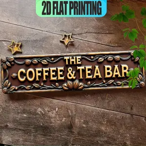 1PC 2D Flat Coffee Tea Bar Sign - Elegant Gold Letters, Brown Background with Floral Embellishments, Durable Iron Wall Decoration, Suitable for Home, Bars, Hotels, Halloween and Christmas, No Electricity Required, Coffee Bar Accessories, Holiday Decor