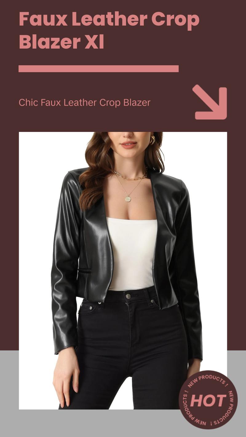 Faux Leather Crop Blazer for Women'S Collarless Open Front PU Moto Biker Jackets XL Black