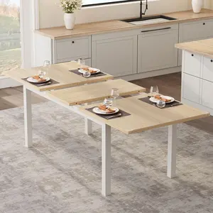 43.7in-63in Extendable Dining Table for 6-8, Large Kitchen Table for 6 with Metal Frame & MDF Board, Modern Long Rectangular Dining Room Table for 8, Easy Assembly - Natural Wood (No Chairs)