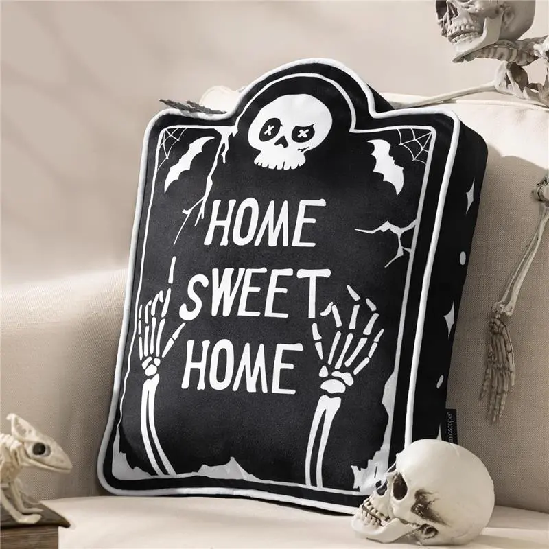 Happy Halloween Shaped Throw Pillow, Tombstone Shaped Pillow with Piping, 3D Soft Velvet Skull Halloween Pillow Decorative Cushion Pillow for Couch, Black, 18 x 13.5 inch