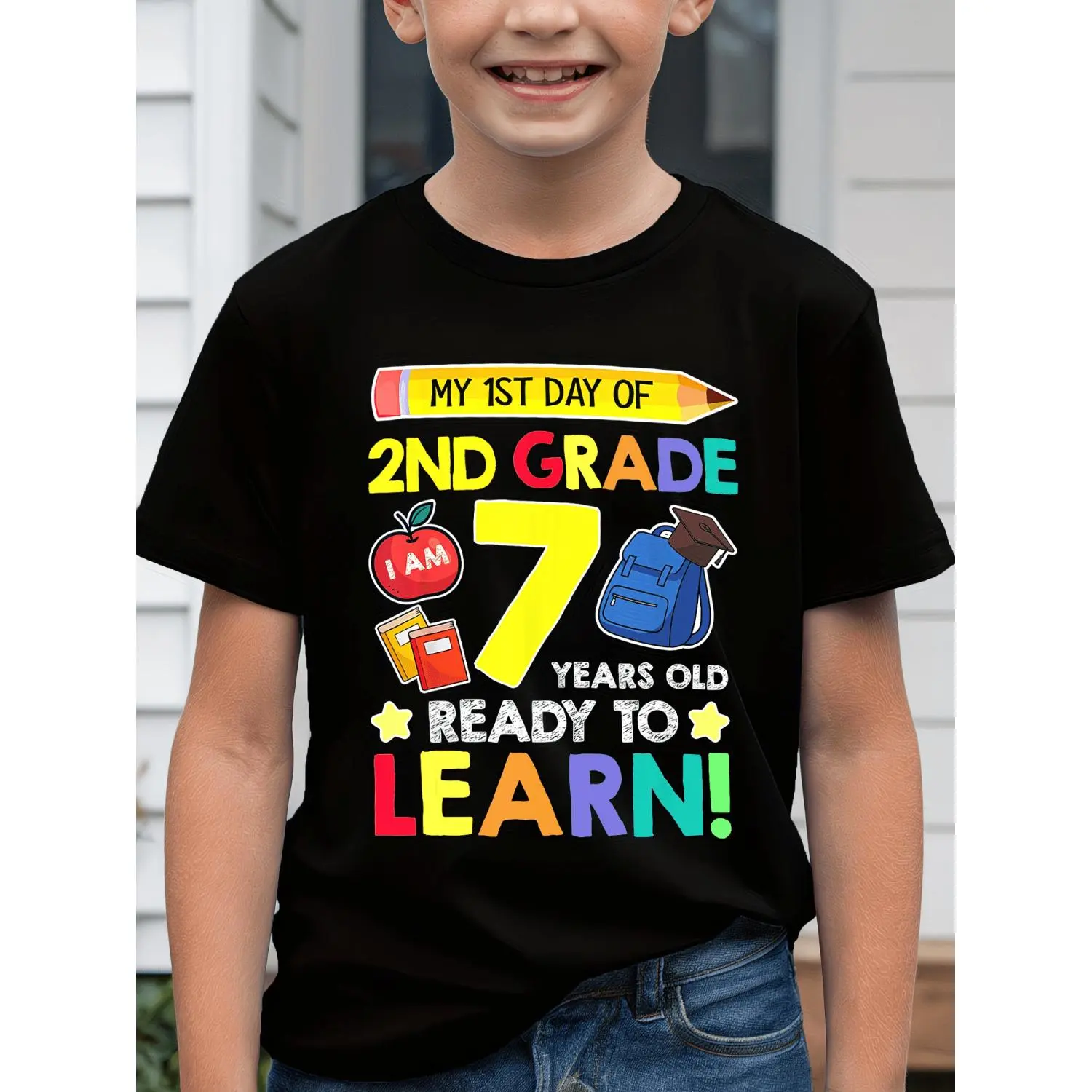 2nd Grade Back to School T-Shirt- "My First Day of 2nd Grade" Design with Pencil, Apple, and Backpack- Black Cotton Short Sleeve Crew Neck Casual Top for Young Students- Perfect Gift School Clothing for Young Students| Youth T-Shirt, Perfect for Outdoor