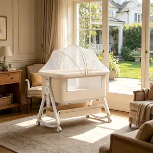 Premium 6-Level Height Adjustable Baby Bassinet, Multifunctional Rocking Crib with Mosquito Net & Storage Basket, Breathable Mesh Bedside Sleeper for Newborns