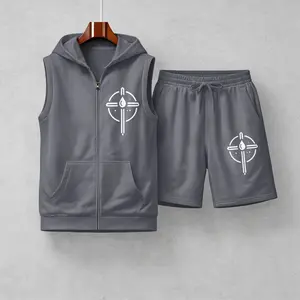 Men's Sleeveless Hoodie Shorts Set 2 Piece Athletic Outfit Summer Casual Gym Workout Streetwear Zip Up Hooded Vest Drawstring Shorts Breathable Lightweight Comfortable Lounge Matching Set for Men