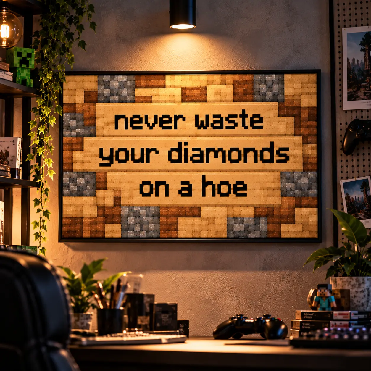 Never Waste Your Diamonds On A Hoe Canvas Poster, Funny Pixel Gaming Wall Art Print, Retro Gamer Room Decor for Bedroom Gaming Room Man Cave, Funny Gift, video game poster, quote canvas print, game room wall, humor decor