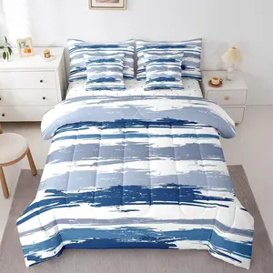 Feelyou 7-Pieces Navy Blue Abstract Comforter Set - Modern Grey Striped Geometric Aesthetic Oil Painting Bed-in-a-Bag Bedding Set for Men