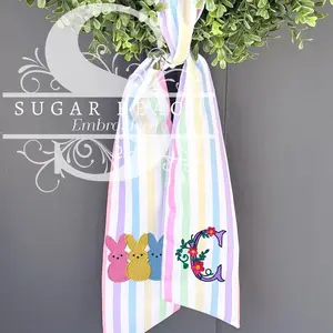 Personalized Easter Wreath Sash | Embroidered Marshmallow Bunny | Monogram | Rainbow Pastel Stripe | Spring Door Wreath Ribbon | Easter Sash wreath sash, monogram door decor
