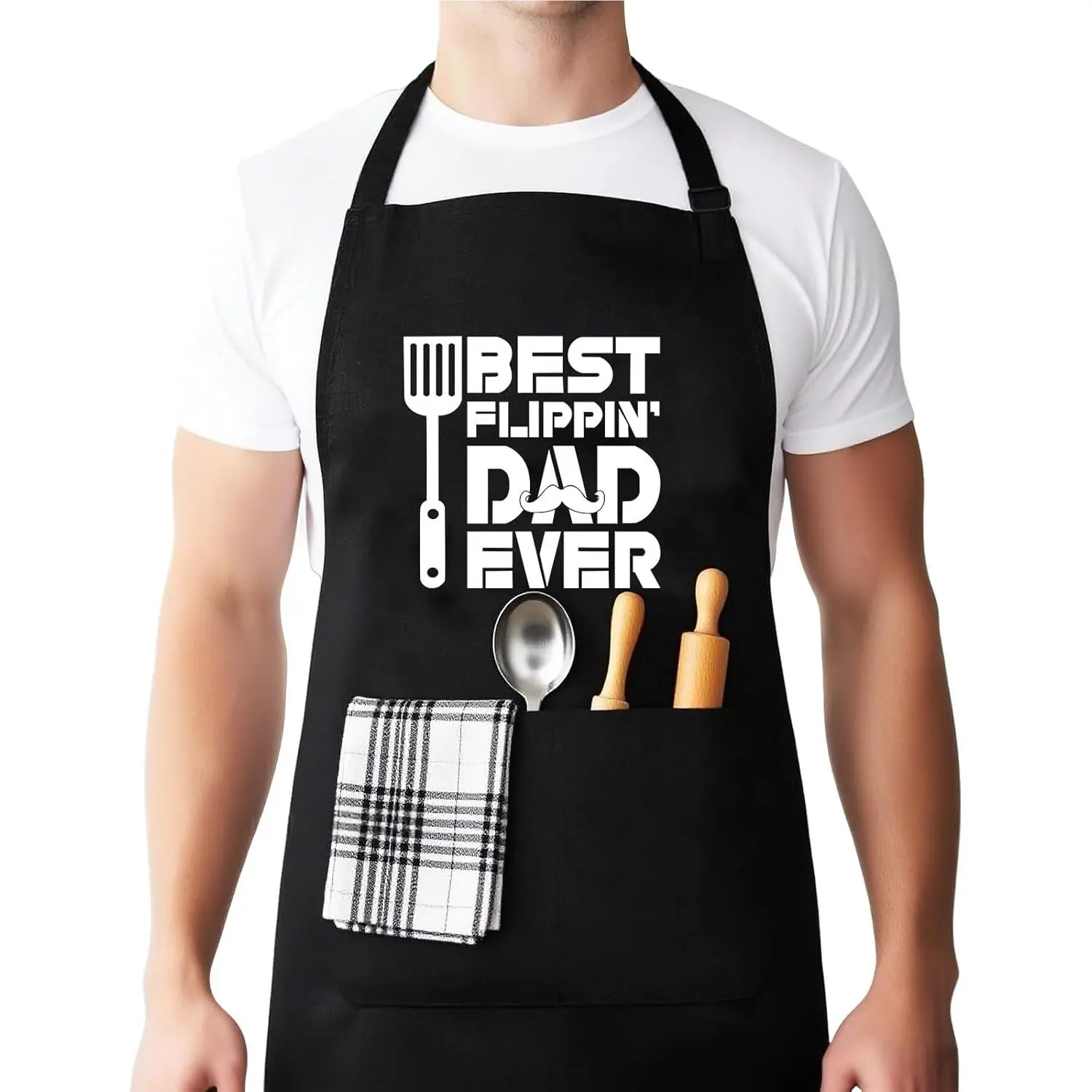 Funny Kitchen Apron for Men, Best Flippin' Dad Ever Novelty Gag Gift with an Adjustable Strap and Pocket for Cooking & Grilling, Gag Gift Apron, Novelty Cooking Aprons
