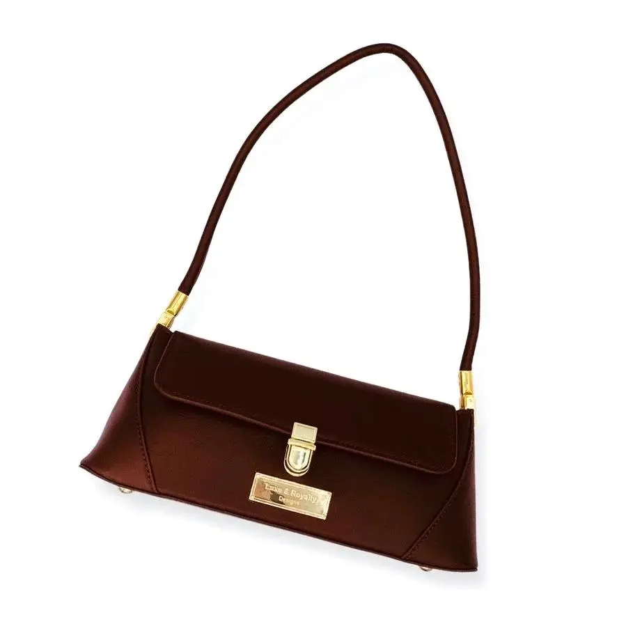 Women's Baguette Style Clutch Bag - The Duchess Brown Vegan Leather, Gold Hardware, Zipper Snap Closure, 8x12x9 cm, Lightweight, Ideal for Clutch Events