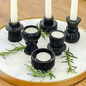 Kate Aspen Vintage Ribbed Glass Black Candlestick Holders, Pillar Candle, Tealight & Votive Candle Holders (Set of 6, 3 Assorted Sizes), Dining Table Decor, Shelf Decor, Centerpiece