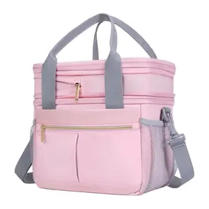 Insulated Lunch Bag for Women, Double Layer Expandable Leakproof Lunch Box, Reusable Lunch Cooler Tote for Work Office Picnic, Pink