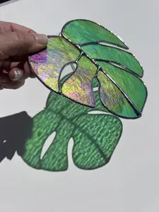 Iridescent Green Stained Glass Monstera Leaf Suncatcher! Beautiful Handmade Suncatcher for your Home! Hanging Decoration to bring the Nature indoors!