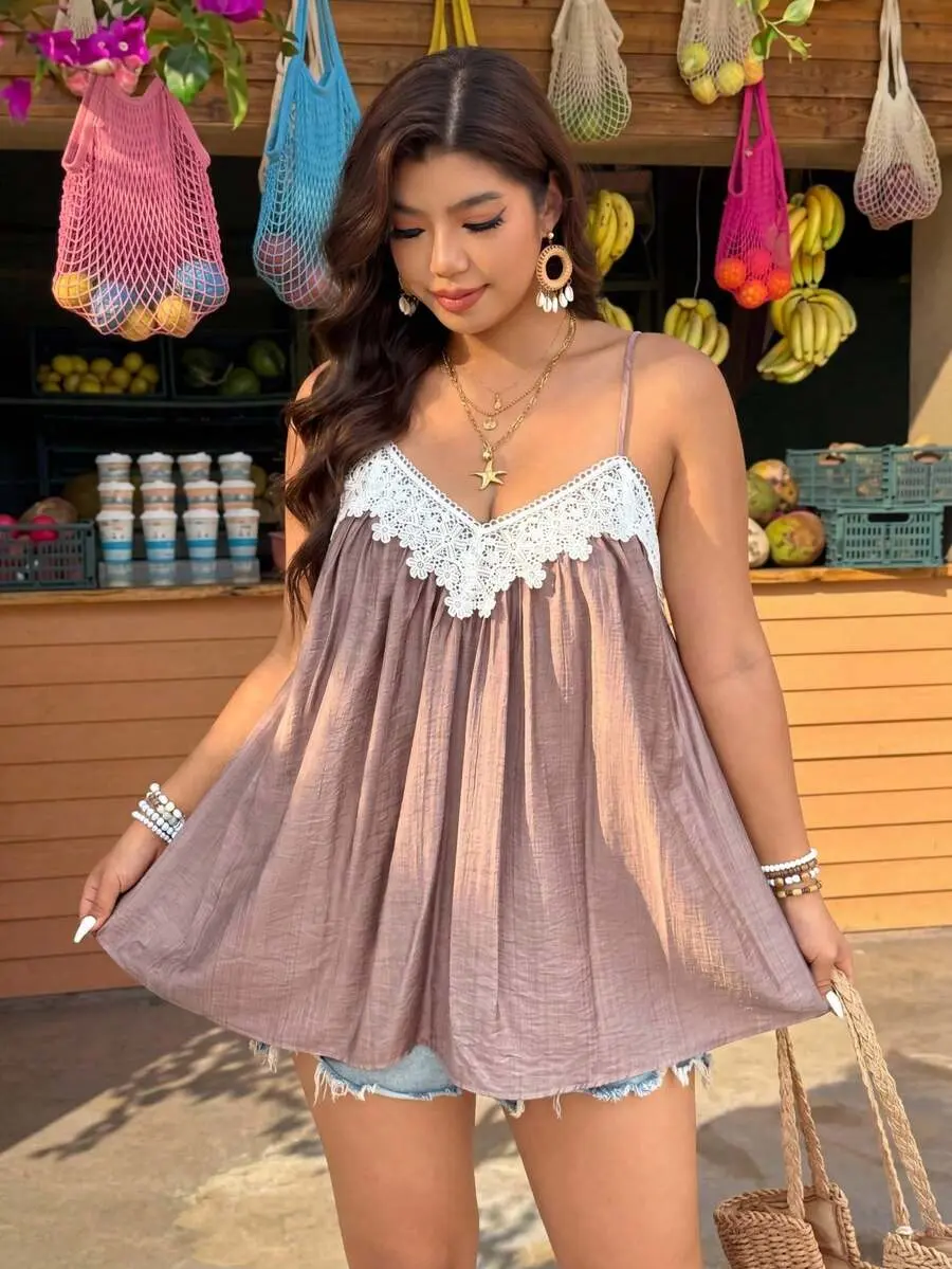 HANNA x SlaySleep x Weeklong Plus Size Linen-Like Fabric Hollow Lace Trim Loose Straight Camisole Tank Top, Casual Outdoor, Date, Party, Beach Holiday