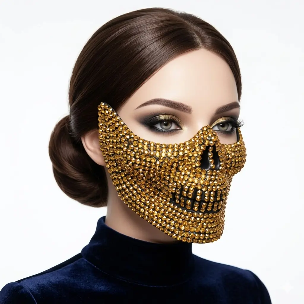 Masquerade Party Mask With Rhinestone Diamond Skull Teeth Jaw Mouth Half Face Gold Masks For Halloween Costume Mardi Gras