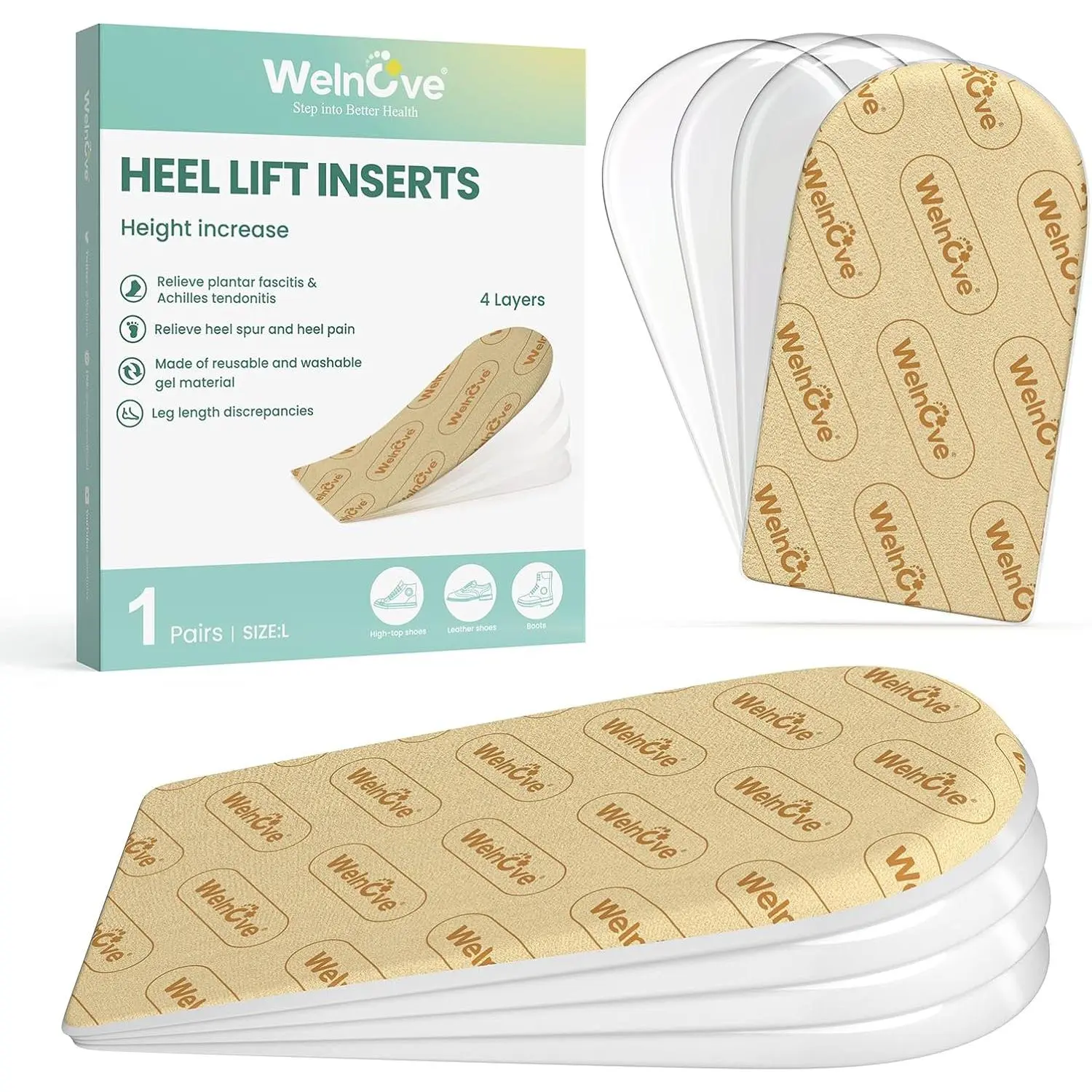 Inserts for Women Shoes - Welnove Adjustable Orthopedic Shoe Lifts for Uneven Legs - Gel Heel Inserts for Leg Length Discrepancy Heel Pain Heel Spur - Heel Wedge Pads (Size L, 4 Layers)