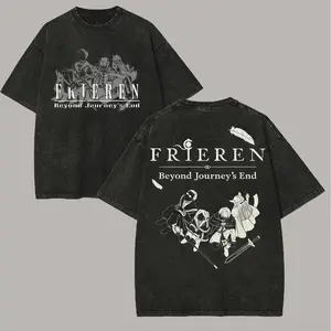 Frieren Beyond Journey's End T-shirt Men's Unisex Clothing Anime Printed Washed Oversized T Shirt Short Sleeve Cotton Tees Tops