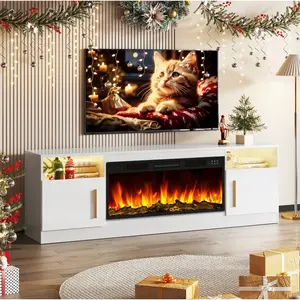70" Fireplace TV Stand With Two Hinged Doors For TVs UP To 80", Modern Electric Fireplace Entertainment Center & Storage Cabinets, TV Stand For Living Room , Muebles Para Sala With USB LED Stress And Plug,5V
