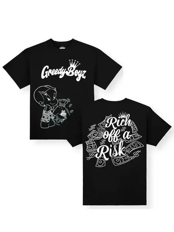 GreedyBoyz T-shirt - Casual Cotton Unisex Short Sleeve T-shirt with "Rich off a Risk" Design - Machine Washable - All Seasons - Classic StyleNovelty Graphic T Shirt funny tshirt Undershirts Tees Casual Streetwear Classic Plain Men's Women Cotton Moisture