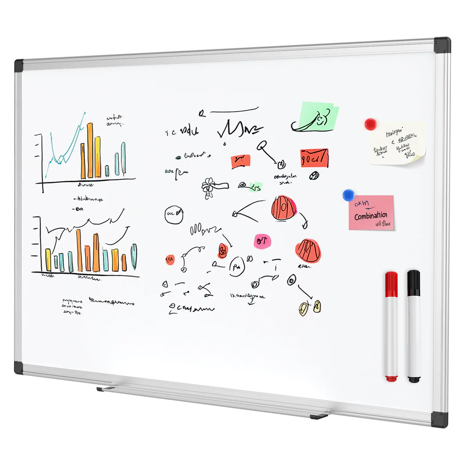 SweetFurniture Magnetic Message Board Kit - Wall-Mounted, Silver Reinforced Aluminum Frame, Dry-Erase Eraser, Pens, Pins - Whiteboard Set for Home Office, Classroom Office Stationery Supplies