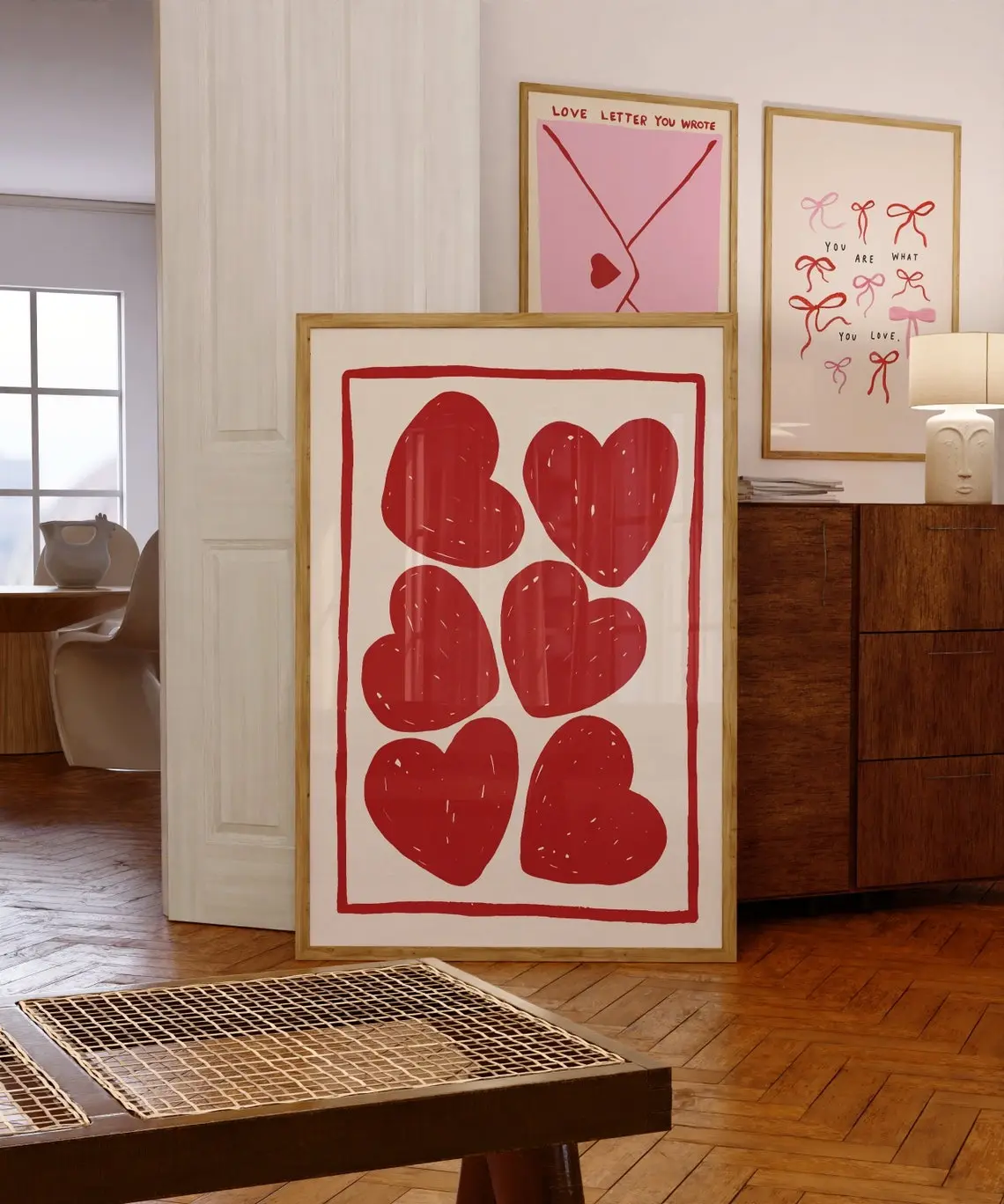 Red Hearts Poster – Coquette Hand-Drawn Wall Art, Y2K Eclectic Japandi Minimalist Decor for Bedroom Frameless poster