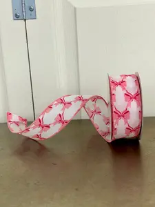 1.5 Inch By 10 Yard Pink Bow On White Background Ribbon