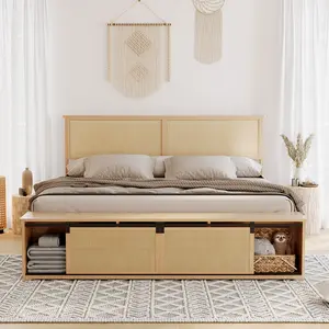 【GARVEE】Full Size Rattan Bed Frame – Natural Rattan Headboard, Sliding Barn Door Storage Bench, LED Light, Sturdy Wood Legs, Noise-Free Platform, No Box Fresh Needed, Boho Farmhouse Bedroom