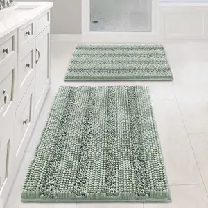 Sage Bathroom Rugs, Bath Mat Set of 2 Extra Thick Chenille Striped Pattern Shaggy Bath Rugs for Bath Room, Non Skid Bath Mats for Bathroom Floor (32 x 20 Plus 24 x 17 - Inches)