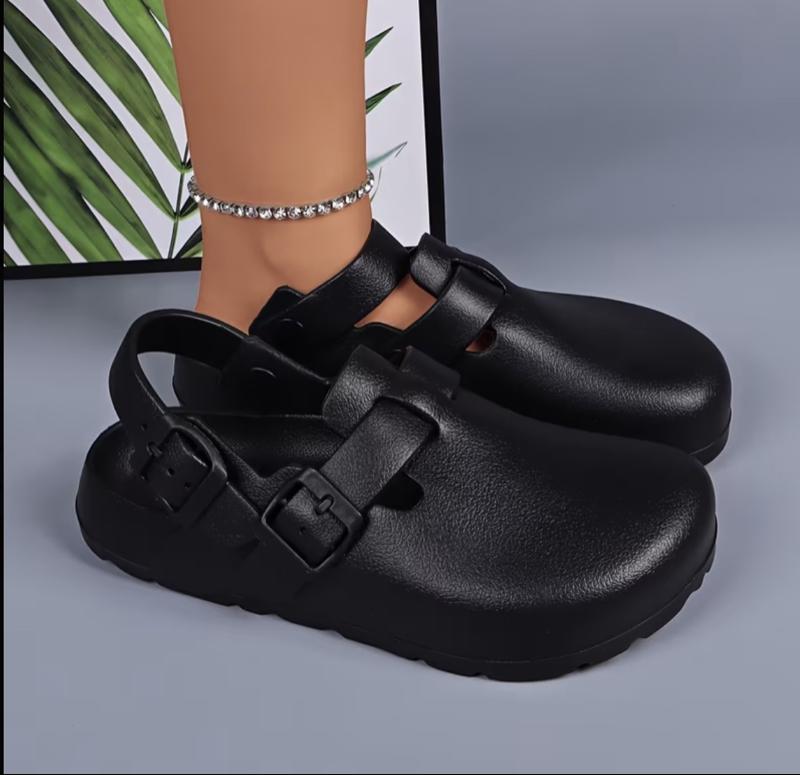 Unisex Solid Color Clogs with Adjustable Flat Buckle Round Toe Flat Design Retro Fashion Footwear Classic Comfortable Stylish Cork Footbed