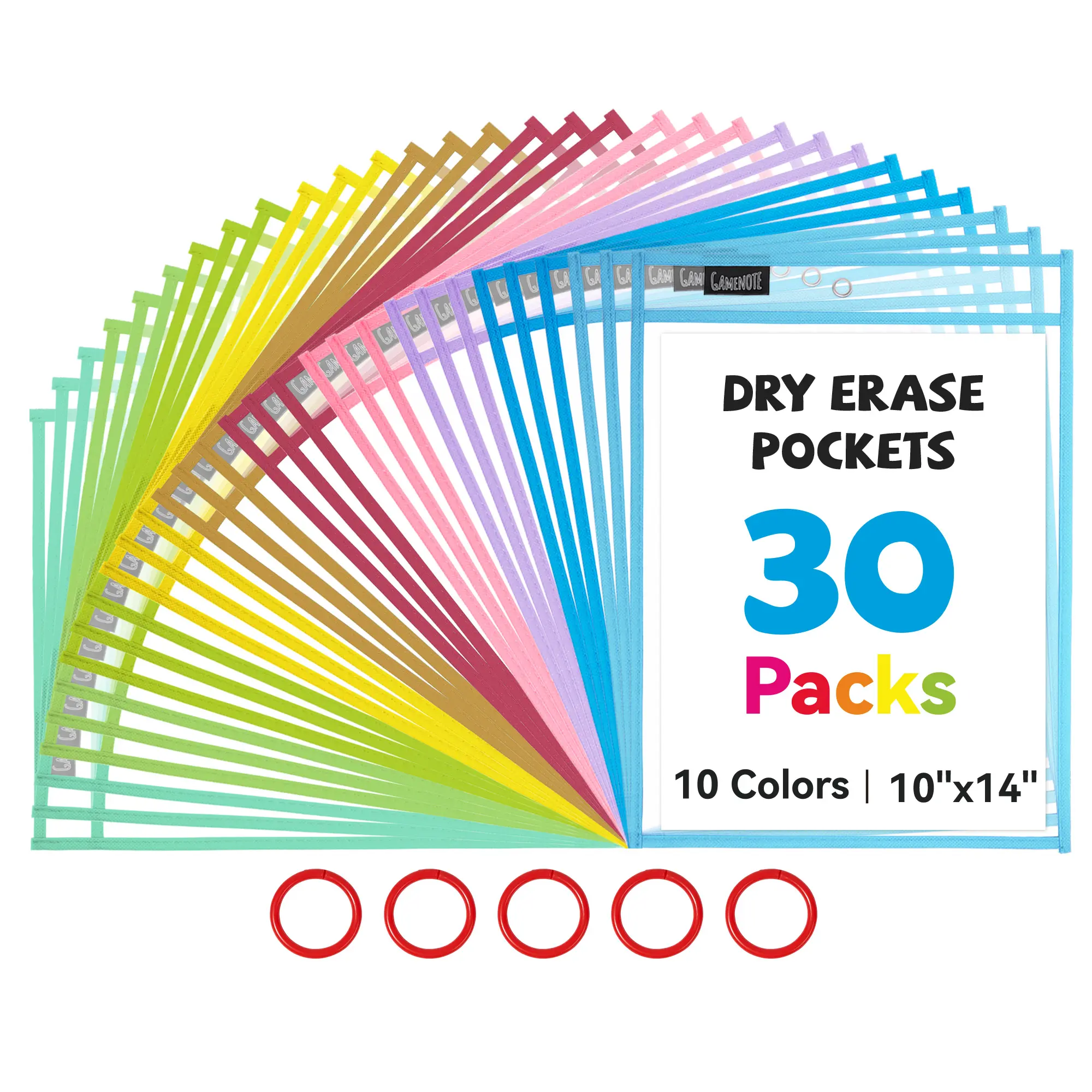 Gamenote 10x14 in Letter Size Oversized Dry Erase Pockets Multi-Pack with Rings, Reusable PVC Sheet Protectors, Office Stationery Supplies for Teachers’ Classroom Organization & Wall Hanging