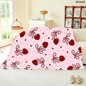 Cute Cherry Heart Printed Throw Blanket, Single - sided Pattern, Multiple Specifications Available, Soft Flannel Material, Ideal for Napping/Lounging at Home, Adds a Romantic Festive Touch to Your Space