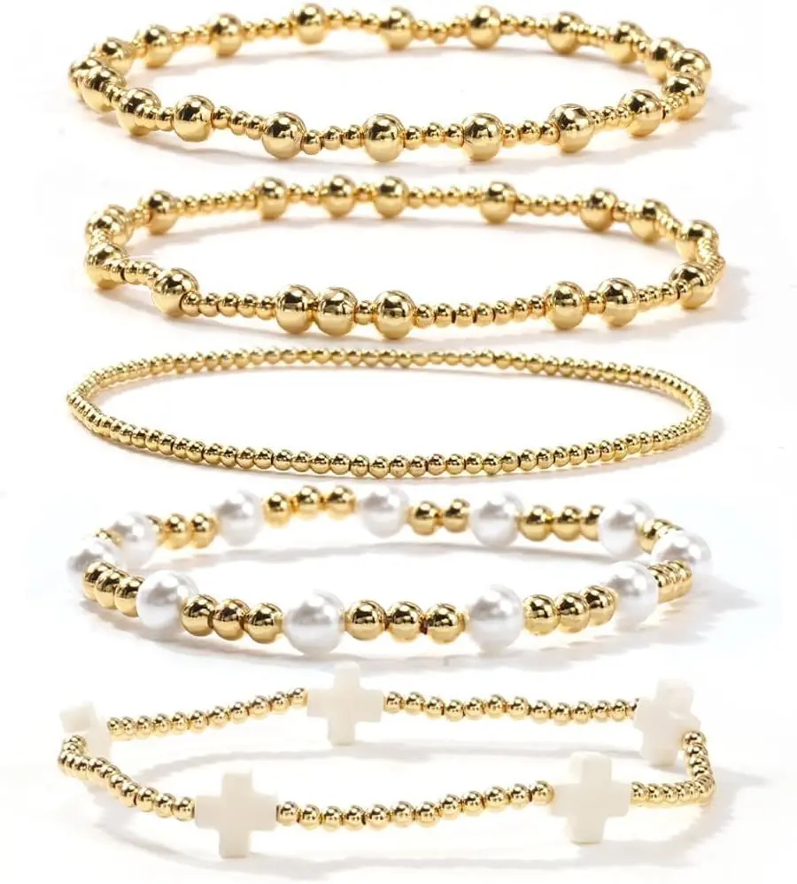 SHINUS Women's Boho Dainty Cross Clover Gold-Plated Beaded Pearl Stretchable Bracelet Stack, Handmade Lead-Free Fashion Jewelry Set, Birthday Gift Ideas for Girlfriend, Prom Accessory