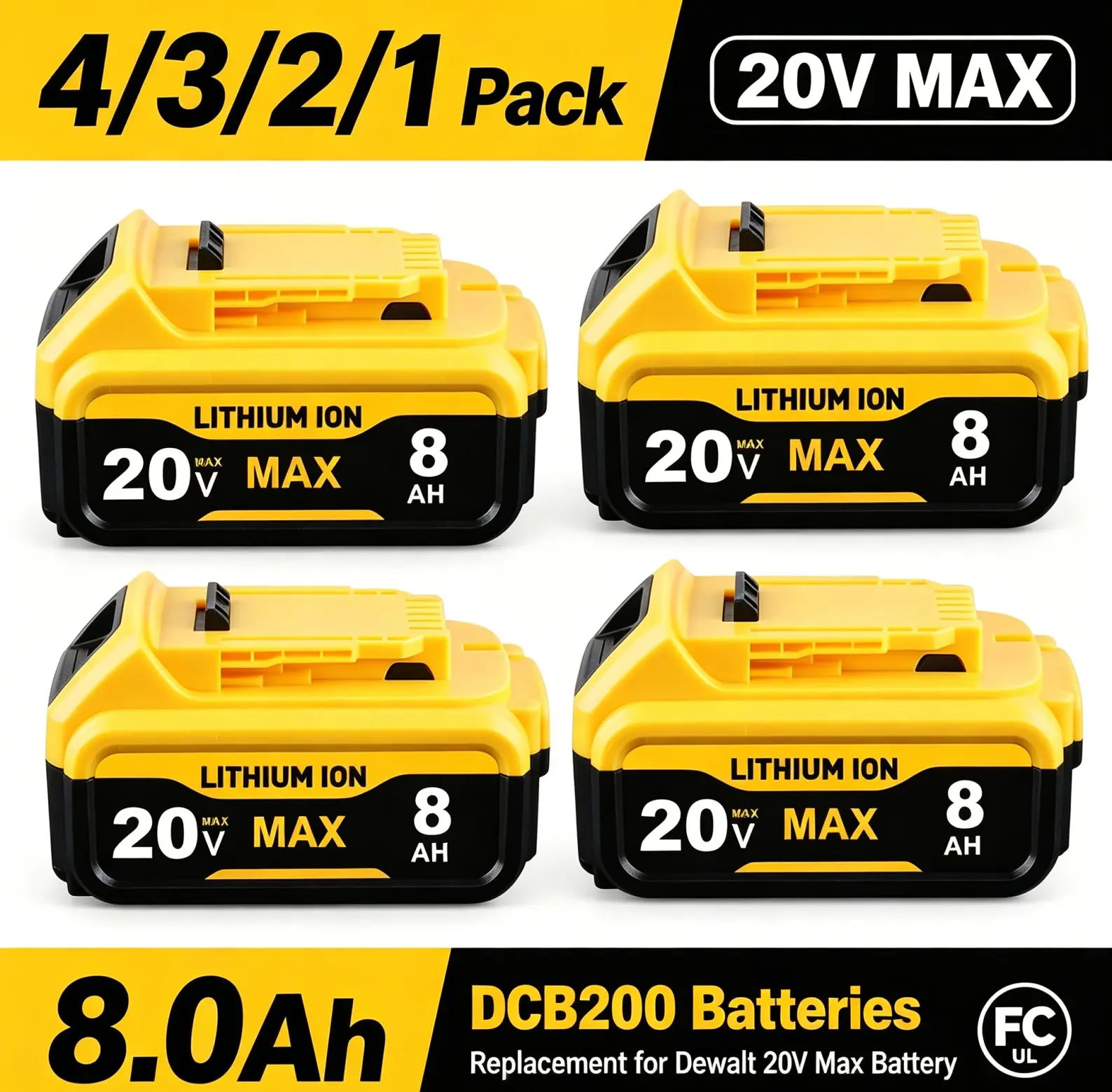 4/3/2/1Pack DCB200 8.0Ah Batteries Replacement for Dewalt 20V Max Battery Compatible with Dewalt Battery DCB200 DCB205 DCB206