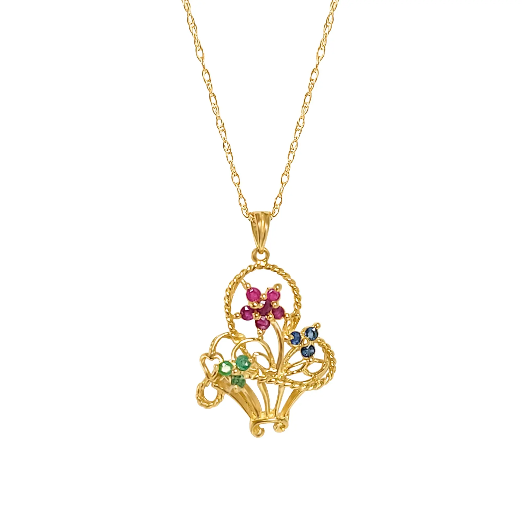 Emerald, Sapphire & Ruby Flower Basket Necklace