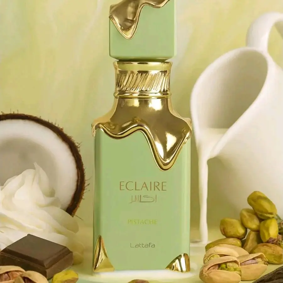 LATTAFA ECLAIRE PISTACHE Fragrance Bottle with Gold Cap & Pistachio Scent