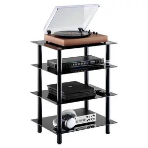 【Summervibes】VEVOR 4-Tier AV Media Stand, Audio/Video Stand with Strengthened Tempered Glass Shevles for DVD/Cable Boxes/Games Consoles, Height Adjustable Media Storage Cabinet for Gaming/Recording Room Organiser Rack