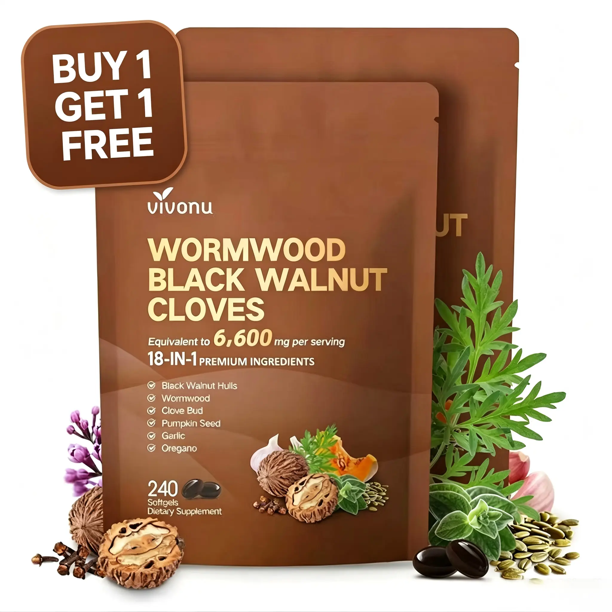VIVONU Wormwood Black Walnut Cloves Capsules - Boost Metabolism &Enhance Energy I Contains Black Walnut,Garlic, Wormwood, and More I 240 Capsules(80-Day Supply)