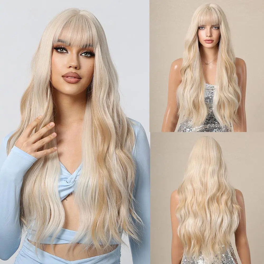 Qi Bangs Platinum Barbie Wind Big Wave Long Curly Hair Fluffy Trim Wig Full Headgear