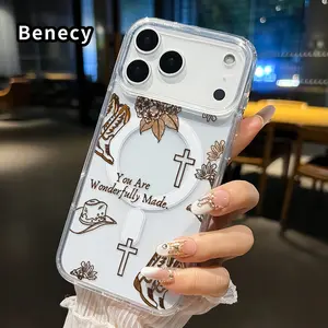 Magnetic Phone Case Supports Wireless Charging for iPhone 17 Pro Max 17 Air UniqueBlessedFlourish Pattern Non-Yellowing Shockproof Soft Silicone Transparent Acrylic Large Hole Cover