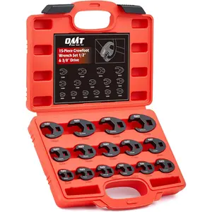 15-Piece 8-24mm Metric Crowfoot Wrench Set, 1/2" & 3/8" Drive Flare Nut Wrenches with Laser Etched Marking, Equipped with Portable Carry Case, Red