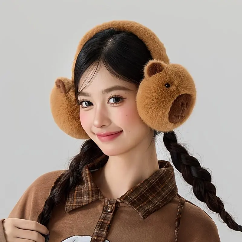 Cute Capybara Earmuffs Plush fleece, capybara-shaped ears with a fluffy tail-like braid-like hair accessory, warm winter ear protection (hand wash only) Ear Warmers Ear Snood Animal theme clothing accessories