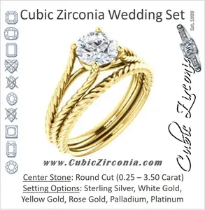 CZ Wedding Set, featuring The Manuela engagement ring (Customizable Cathedral-set Round Cut Solitaire with Rope-Engraved Split-Band)