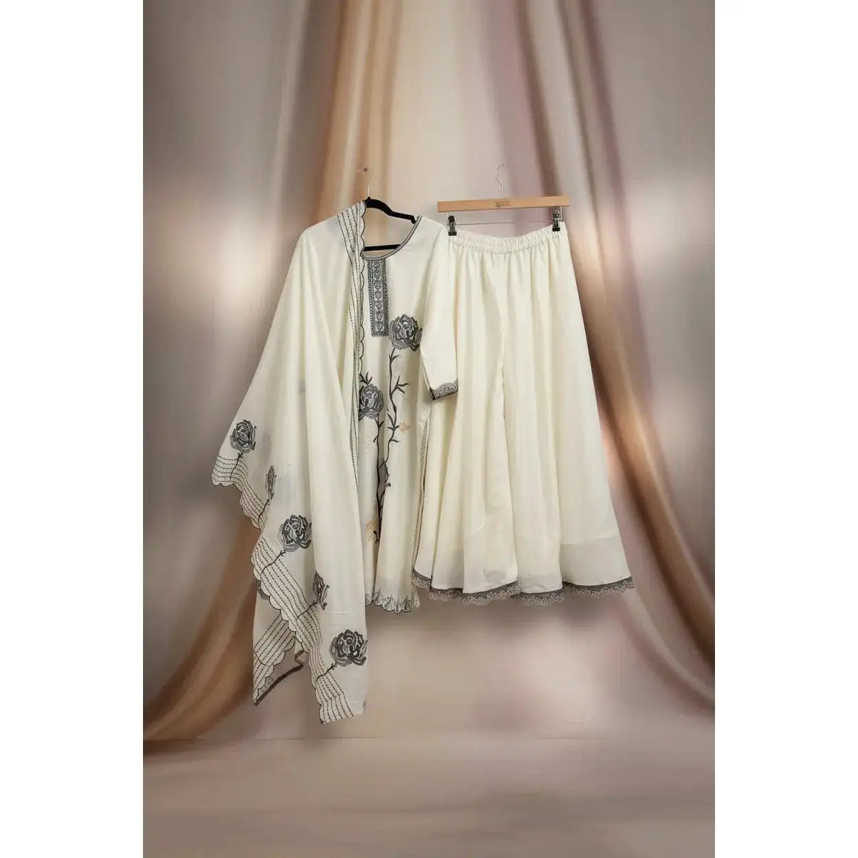 Embroidered Organza Palazzo Set - Wide Leg Pants with Dupatta