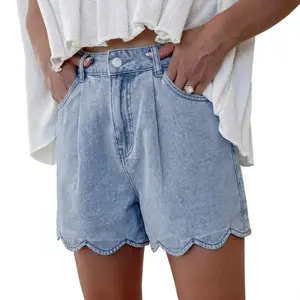 Women's Myosotis Solid Color Scalloped Trim Casual Denim Shorts, Women's Bottoms Jeans