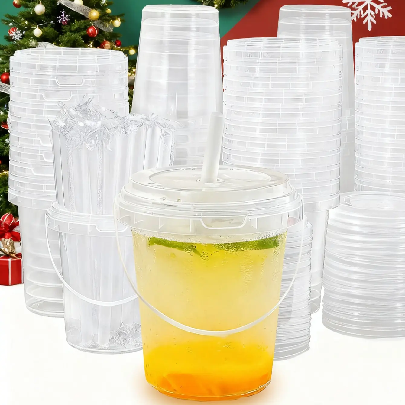 5/10sets Christmas Disposable Party Cups Set, Transparent Plastic Holiday Drinkware with Lids and Straws, Festive Christmas Theme Supplies, Clear Plastic Cup, Disposable Tableware