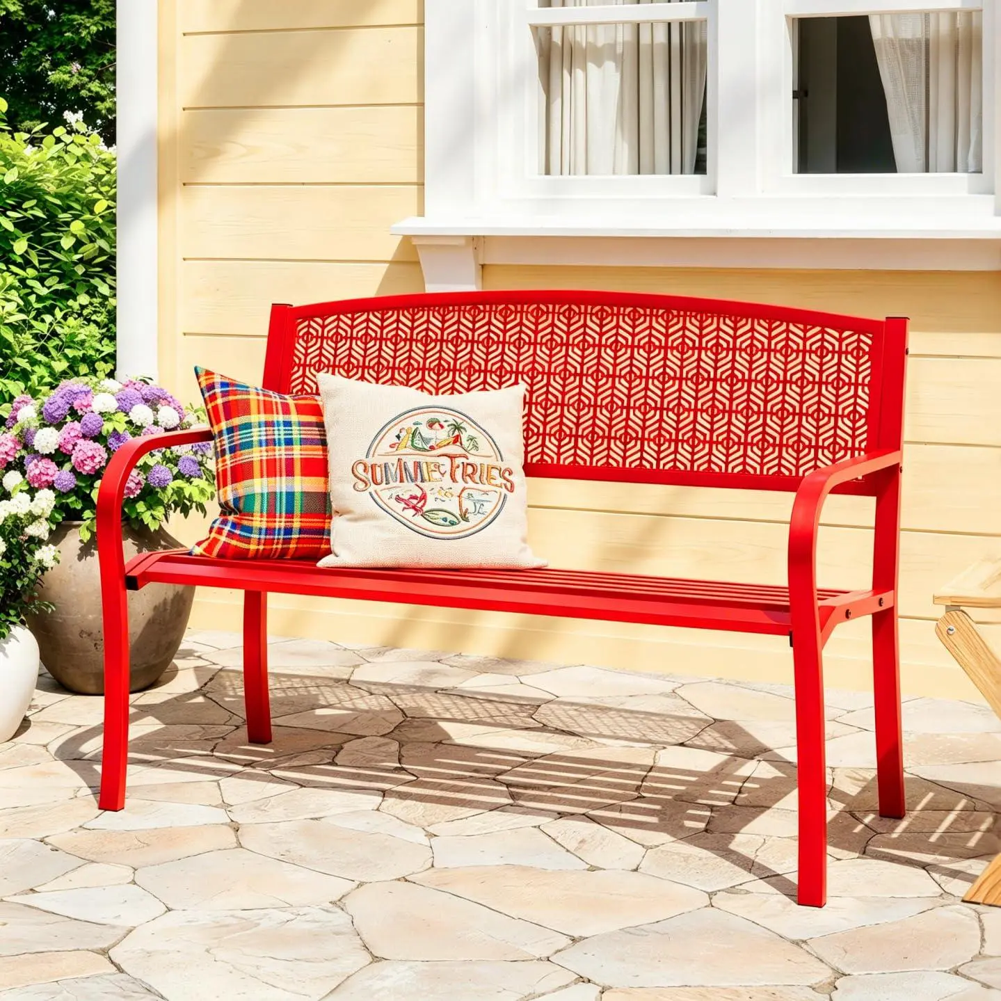 50" Outdoor Metal Garden Bench, Patio Steel Bench with Curved Backrest, Decorative Pattern, Weather-Resistant Porch Bench for Yard, Park, Deck, Backyard,Red